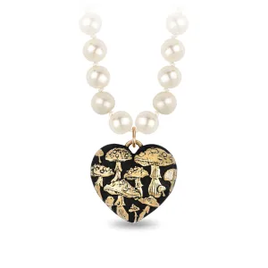 Mushroom 14K Gold Large Puffed Heart Talisman On Knotted Freshwater Pearl Necklace