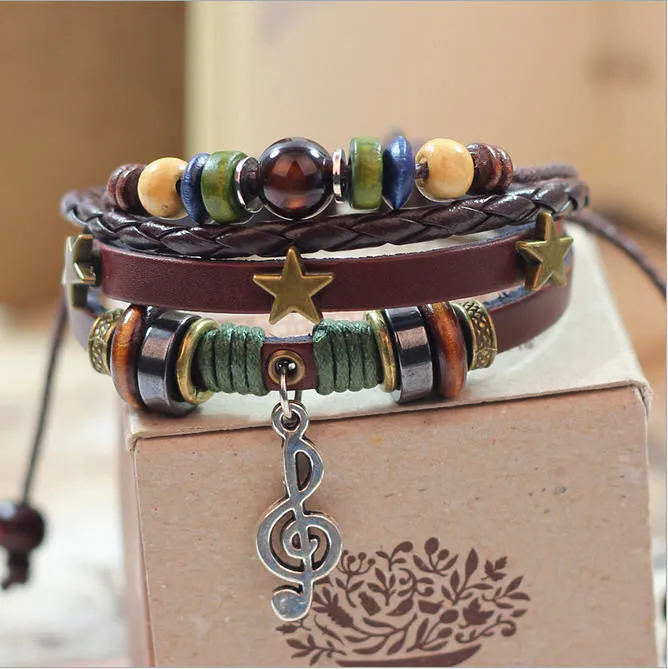 Music Charm Handmade Genuine Leather Adjustable Bracelet Wristband Jewelry Unisex