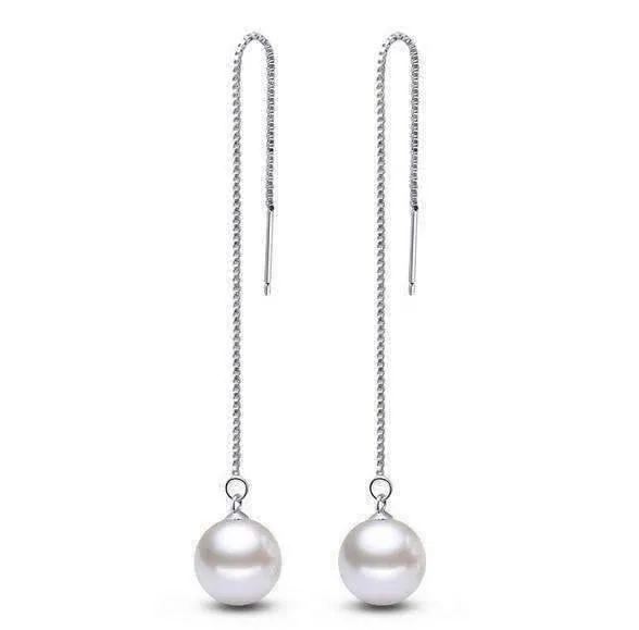 Naked Pearl Silver Box Chain Thread Earrings For Woman