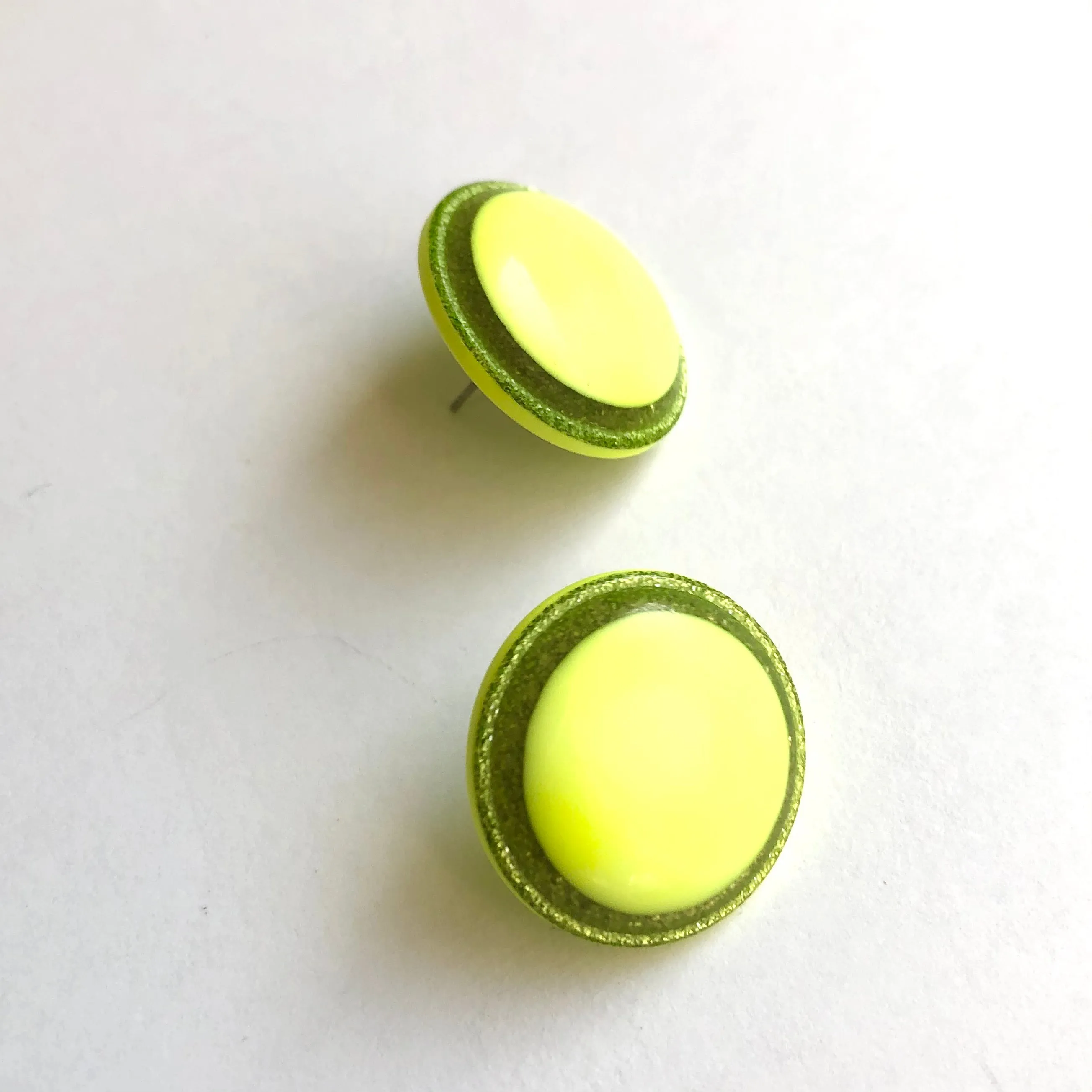 Neon Yellow Sparkle Disc Stud Earrings