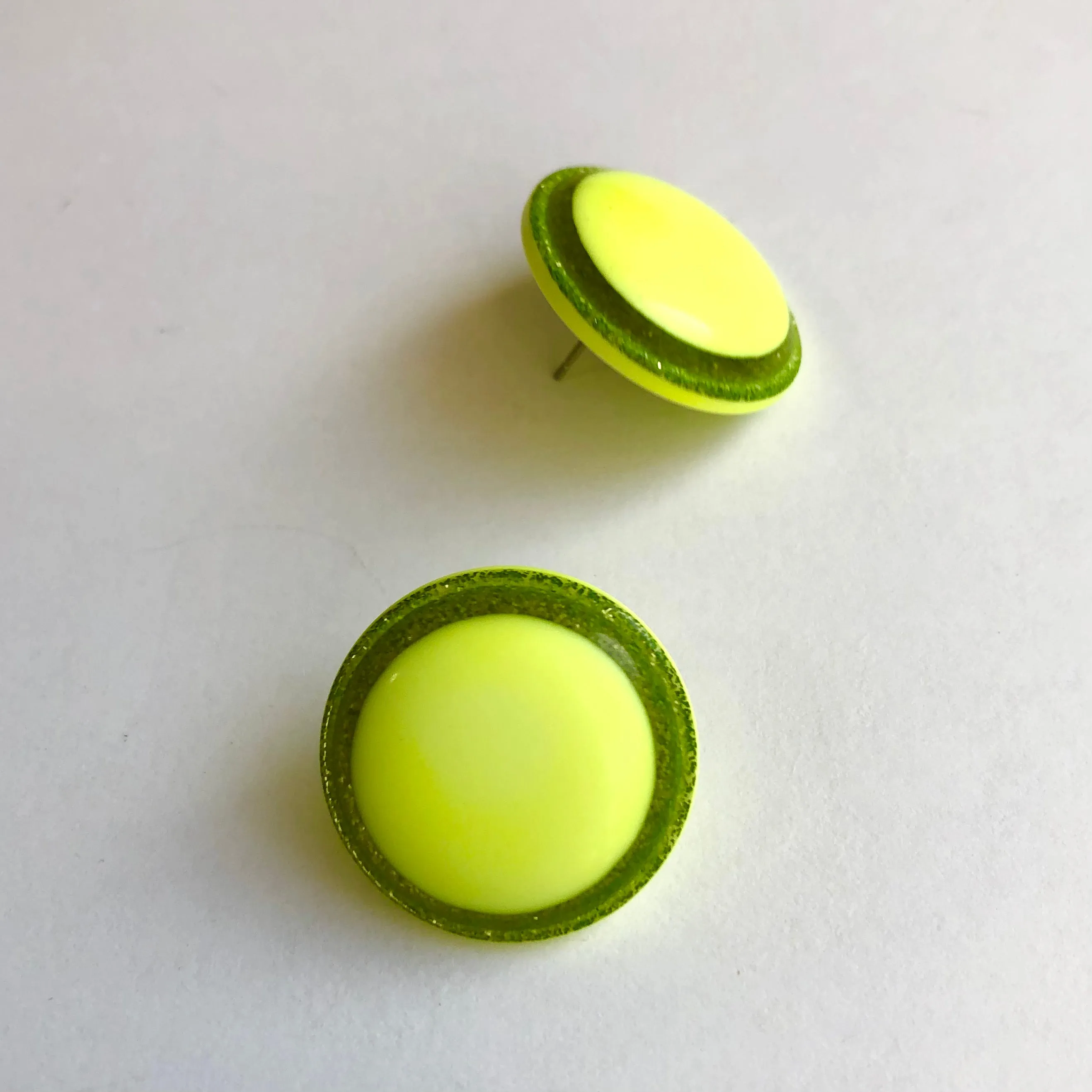 Neon Yellow Sparkle Disc Stud Earrings