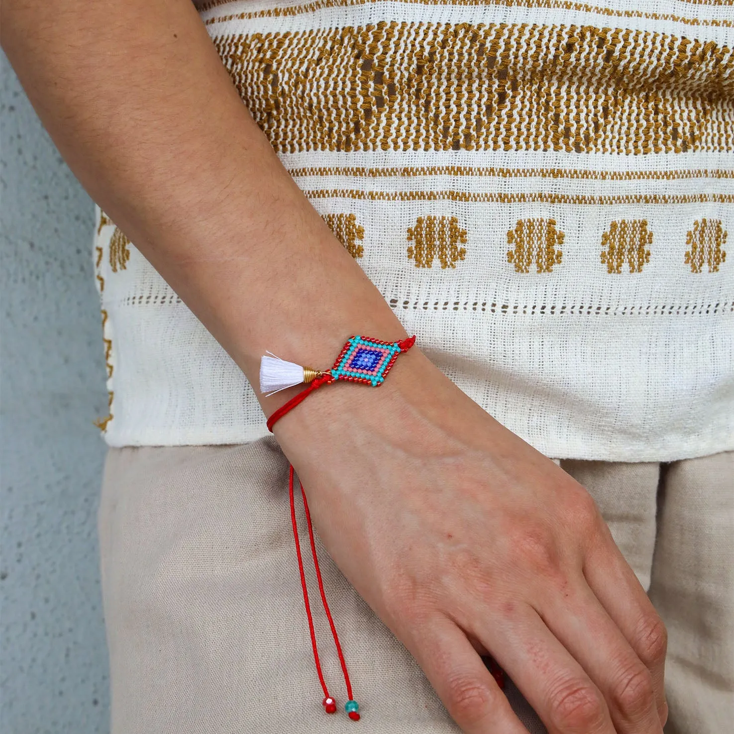 Ojo de Dios Wixárika Beaded Adjustable Bracelet