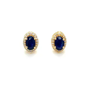 Oval Blue Sapphire With Diamond Halo Studs