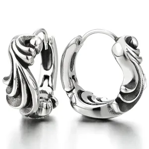 Pair Stainless Steel Wavy Huggie Hinged Hoop Earrings for Men Women, Vintage Tribal