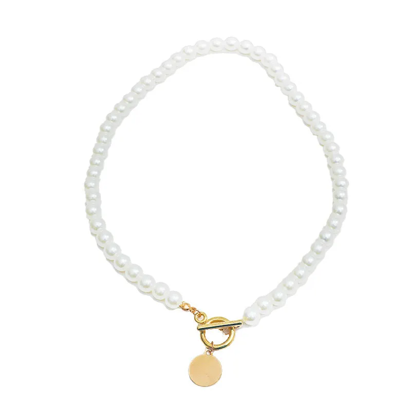 Pearl Necklace Simple OT Buckle Disc Choker Clavicle Chain