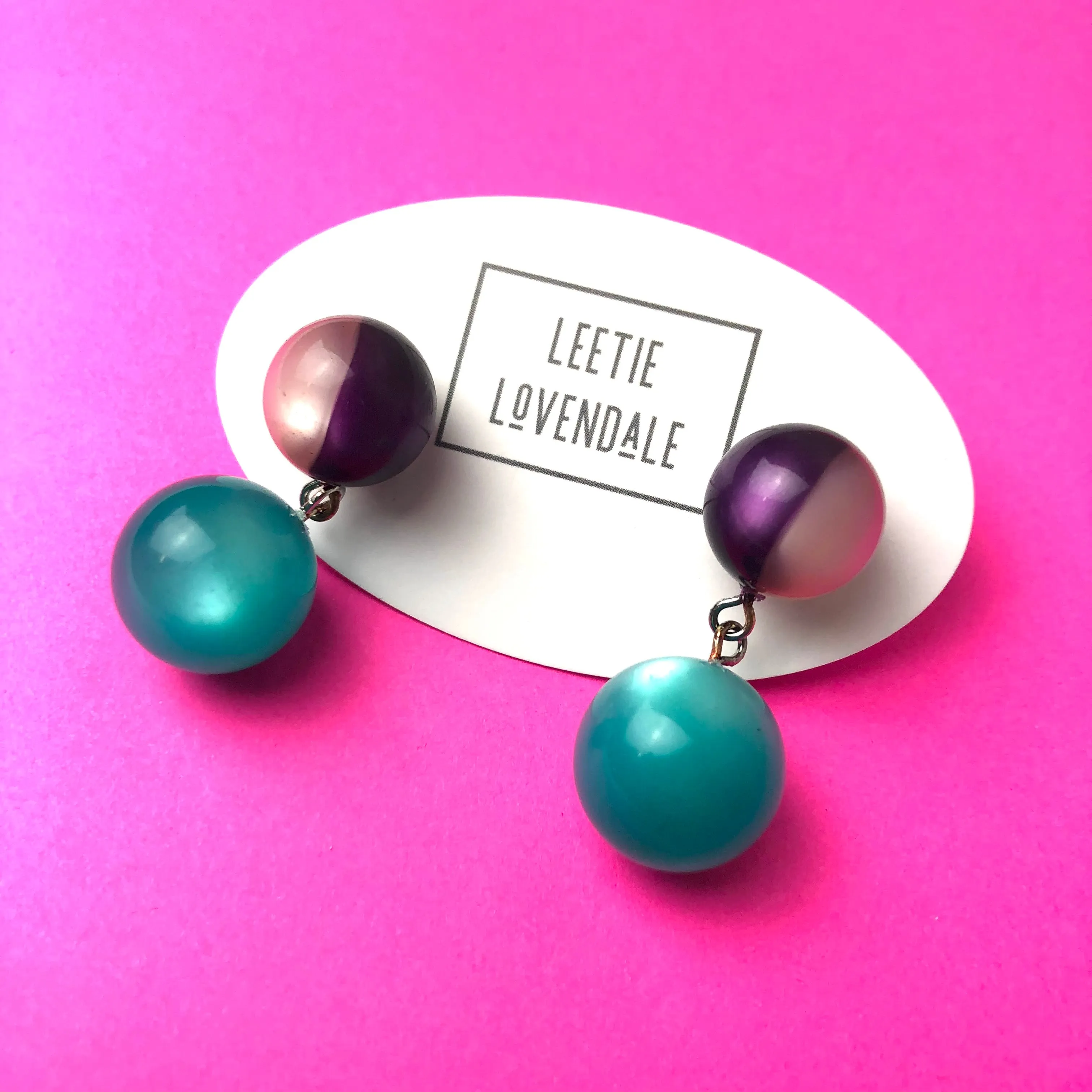 Purple & Pink Harlequin with Teal Moonglow Lollipop Drop Earrings