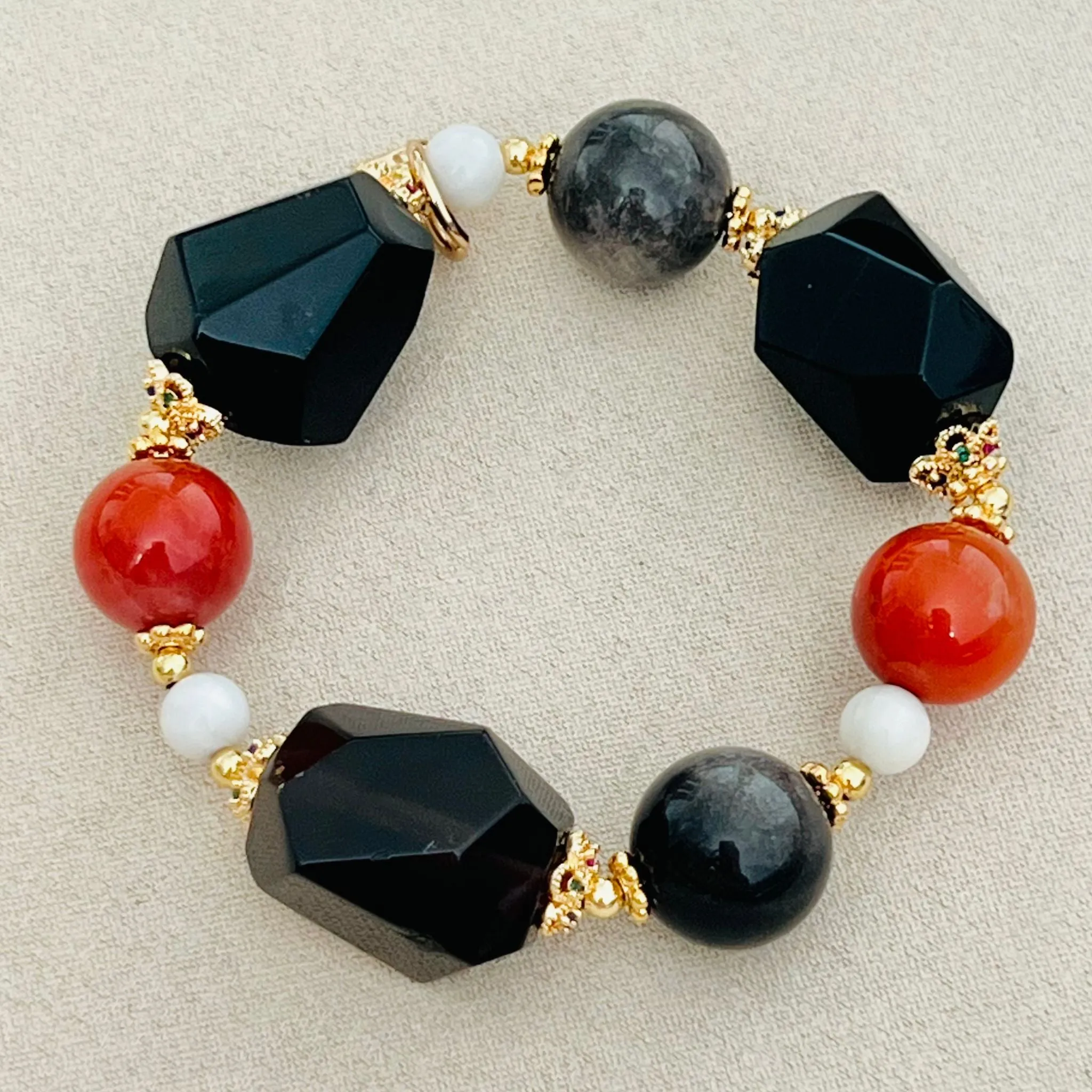 Raw Smoky Quartz & Reds Trinity Bracelet