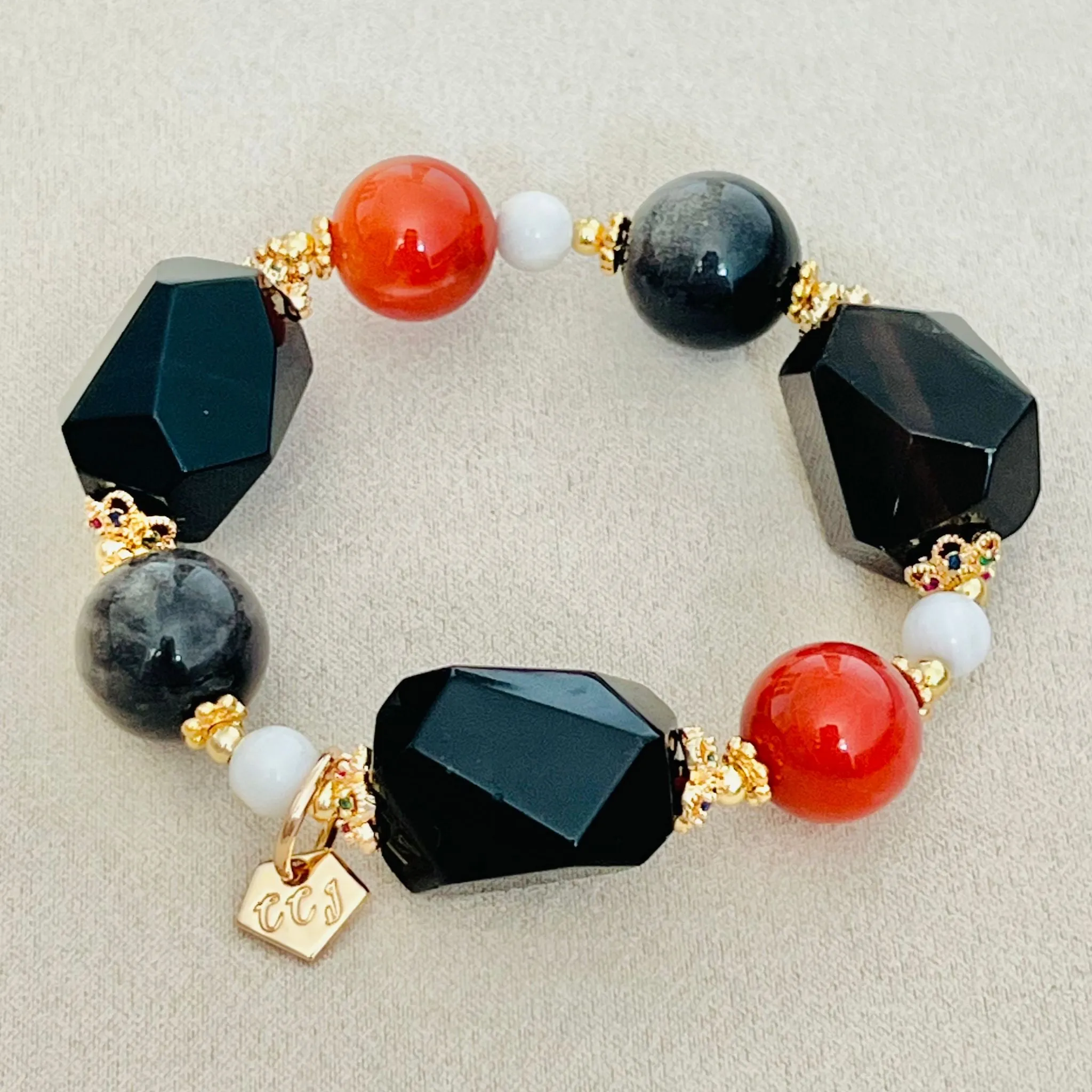 Raw Smoky Quartz & Reds Trinity Bracelet