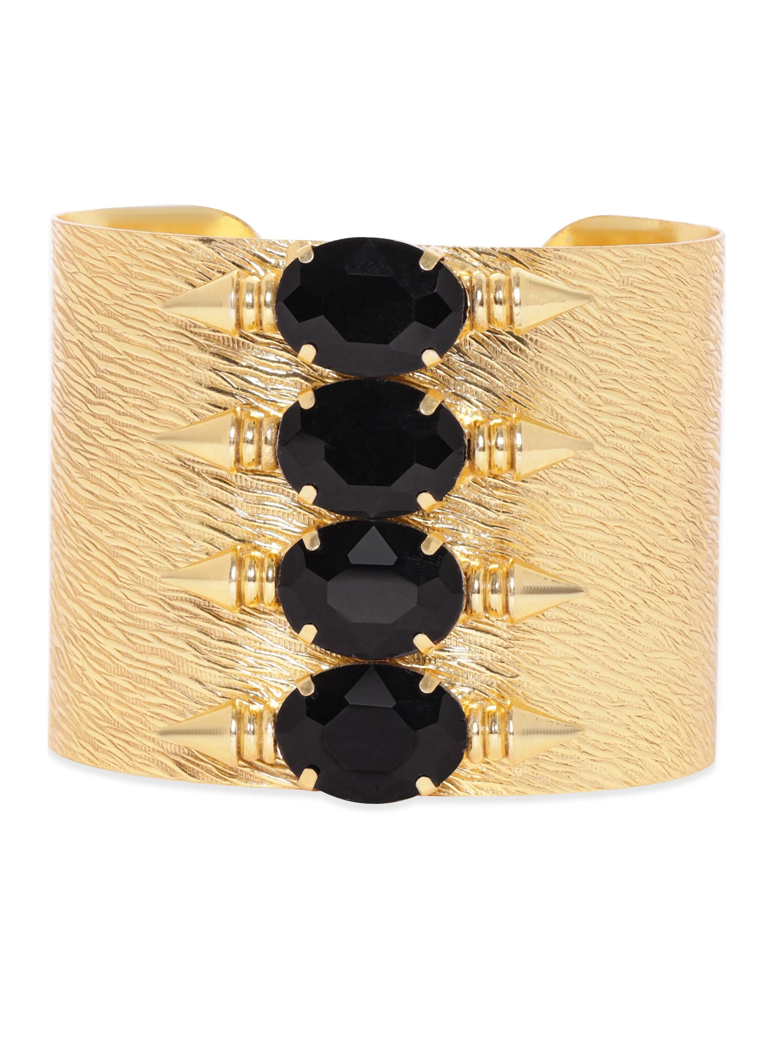 Rubans 22K Gold plated Black crystal Studded  hammered textured Statement adjustable bracelet