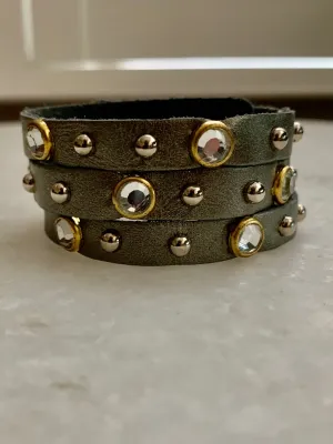 Silver Cz Studded Leather Bracelet