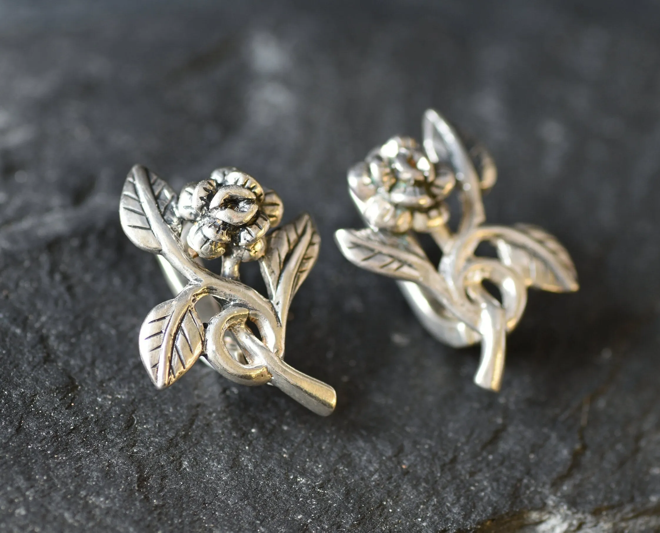 Silver Flower Earrings - Silver Rose Earrings - Dainty Flower Studs