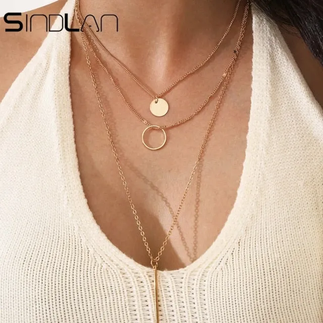 Simple Crystal Geometric Gold Pendant Necklace Set for Women Charms Kpop Fashion Square Rhinestone Female Vintage Jewelry Collar