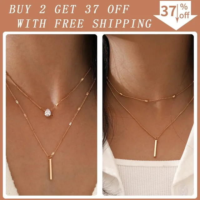 Simple Crystal Geometric Gold Pendant Necklace Set for Women Charms Kpop Fashion Square Rhinestone Female Vintage Jewelry Collar