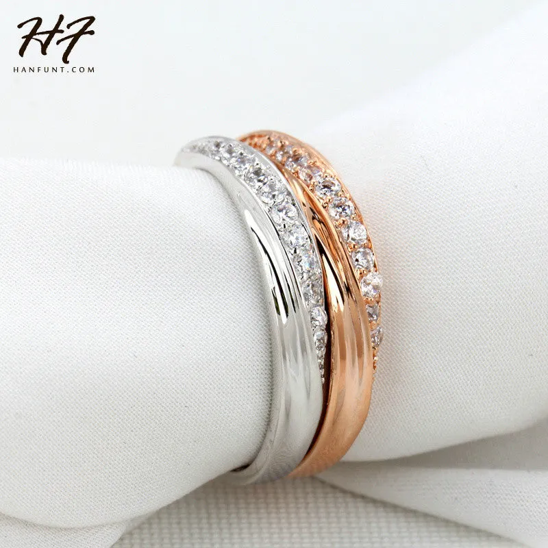 Simple CZ Diamond 18K Gold Plated Rhinestones Studded Wedding Ring For Women