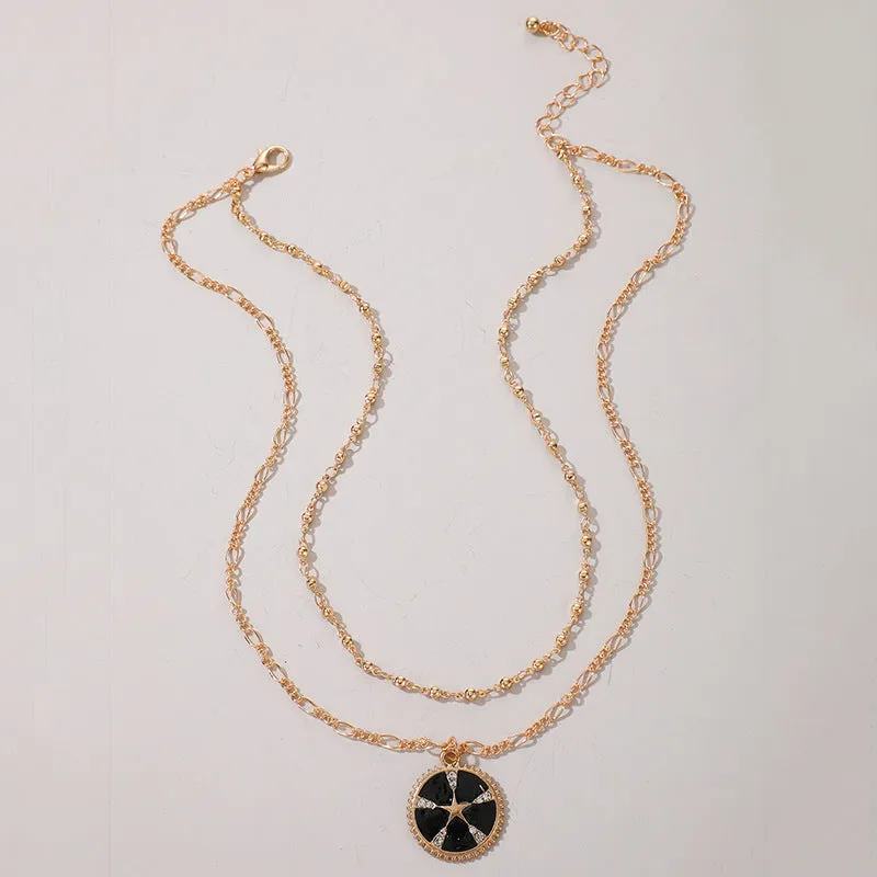 Simple Trend Multilayer Metal Round Pendant Black Oil Drop Five-pointed Star Necklace