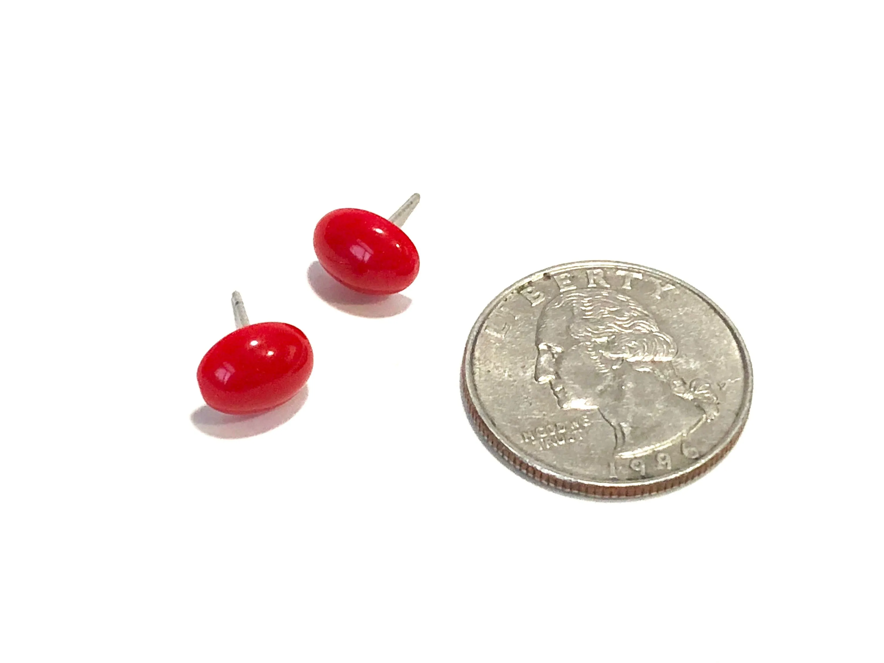 Small Cherry Red Oval Studs | Bright Red Minimalist Earrings