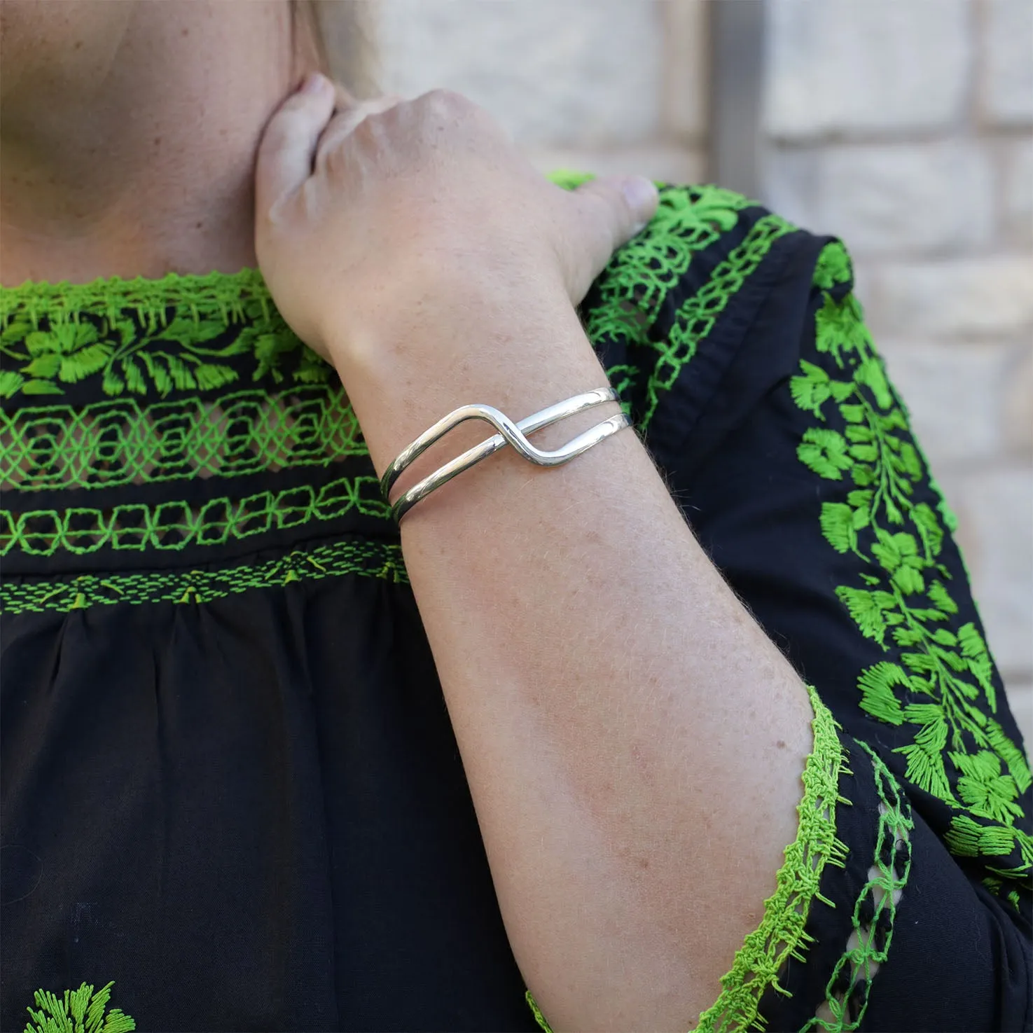 Sterling Silver Crisscross Wave Cuff Bracelet