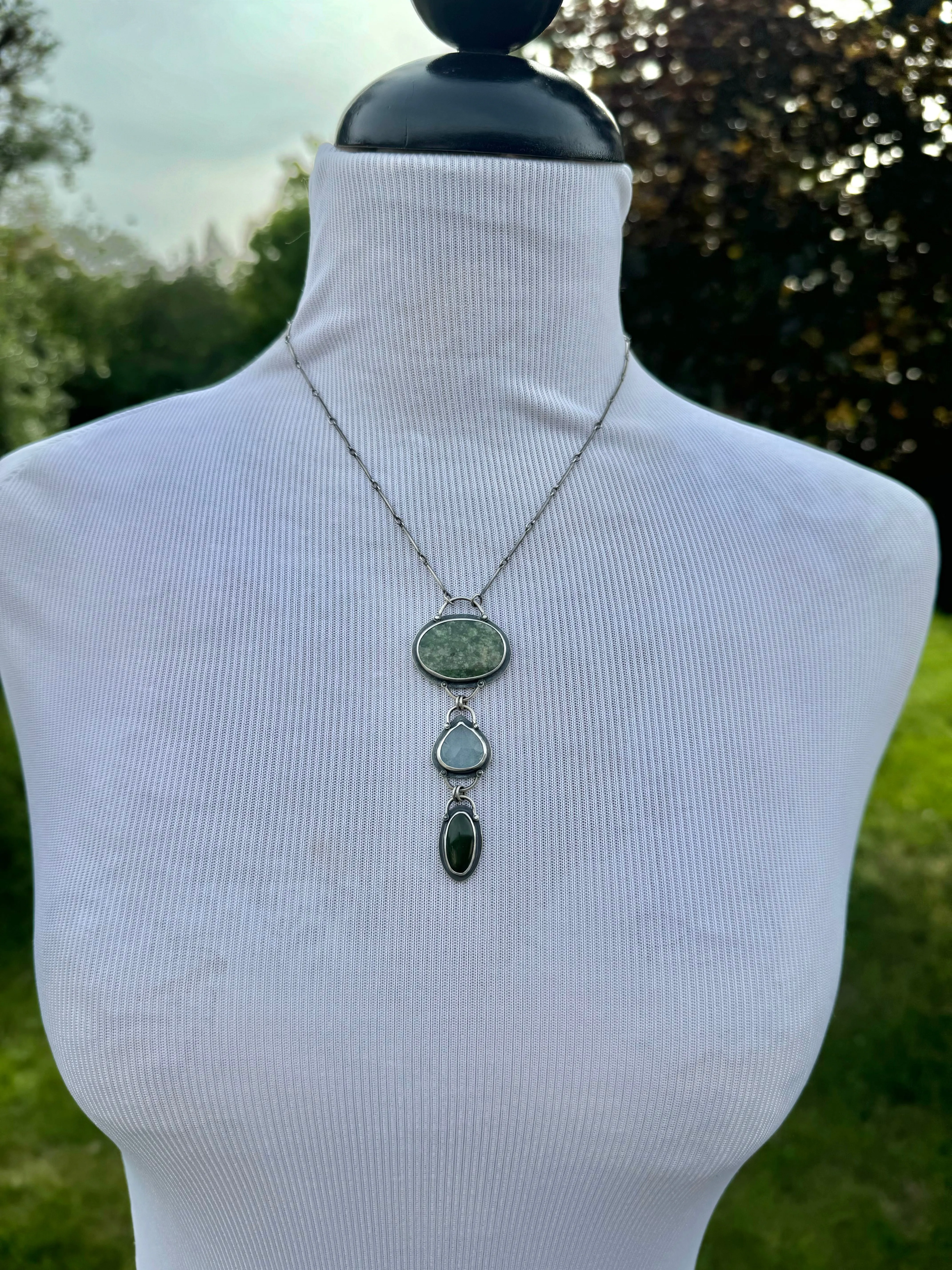 Three Stone Necklace with Montana Jade and Aquamarine