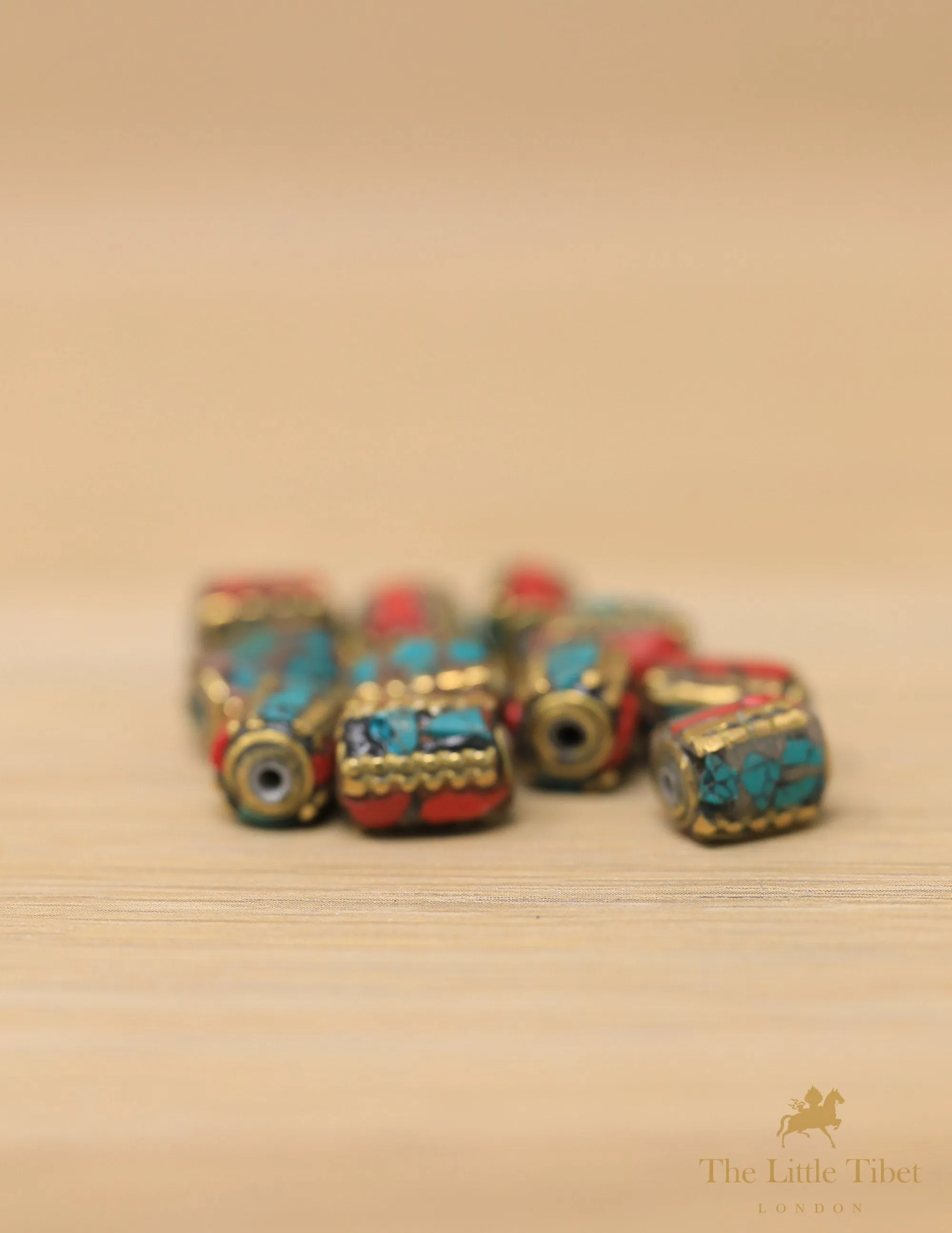 Tibetan Turquoise Inlaid Barrel Coral Brass Beads for Ethnic Neckpiece - C7