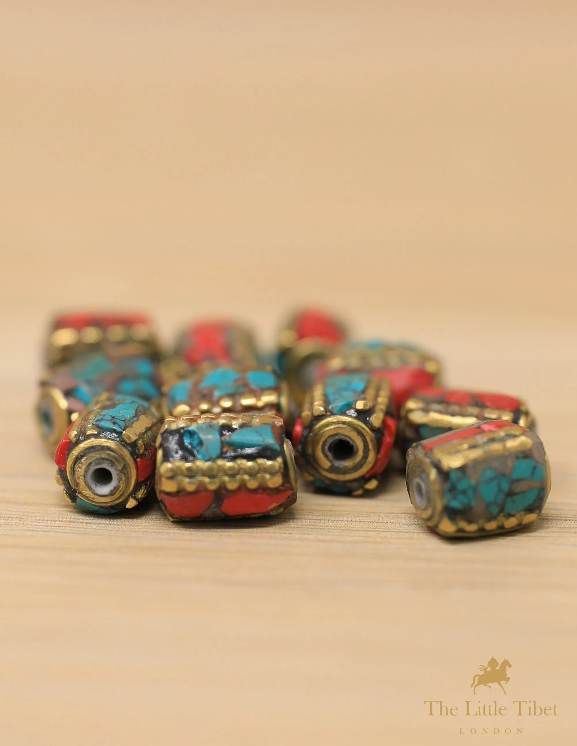 Tibetan Turquoise Inlaid Barrel Coral Brass Beads for Ethnic Neckpiece - C7