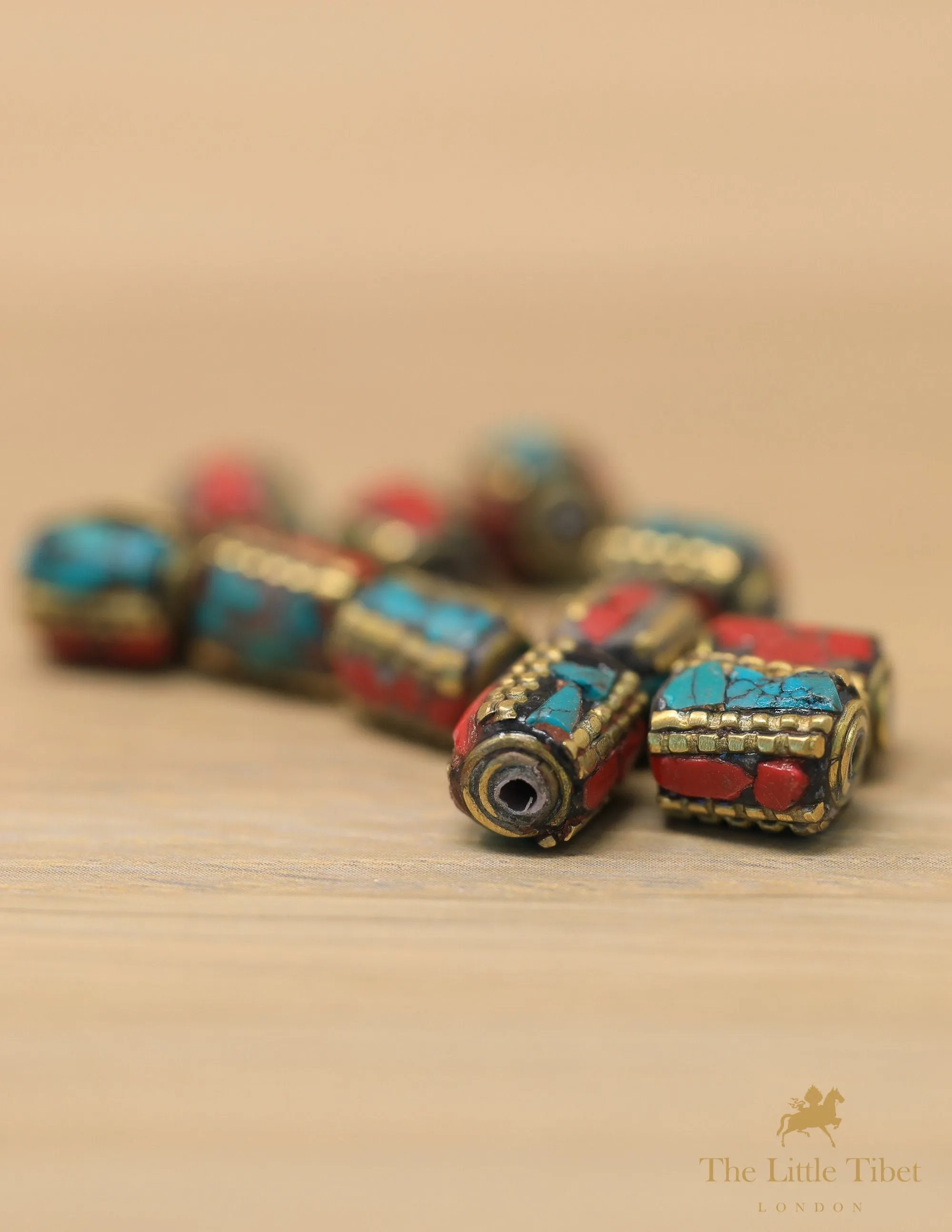 Tibetan Turquoise Inlaid Barrel Coral Brass Beads for Ethnic Neckpiece - C7