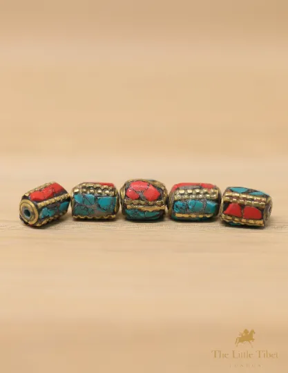 Tibetan Turquoise Inlaid Barrel Coral Brass Beads for Ethnic Neckpiece - C7