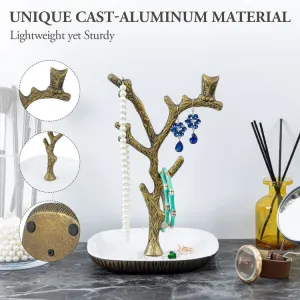 Tree Jewelry Stand, Brass Tone Cast Aluminum Tree Branch and Owl Design Necklace Bracelet Earring Rack with Ring Dish