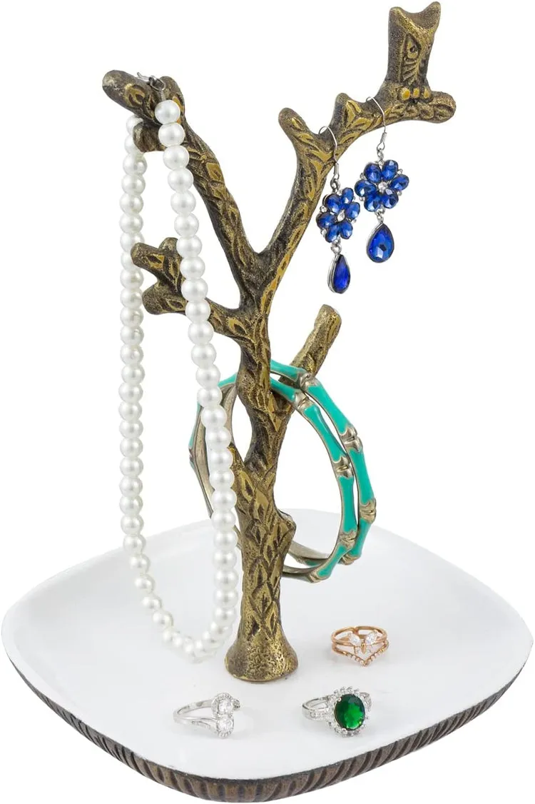 Tree Jewelry Stand, Brass Tone Cast Aluminum Tree Branch and Owl Design Necklace Bracelet Earring Rack with Ring Dish