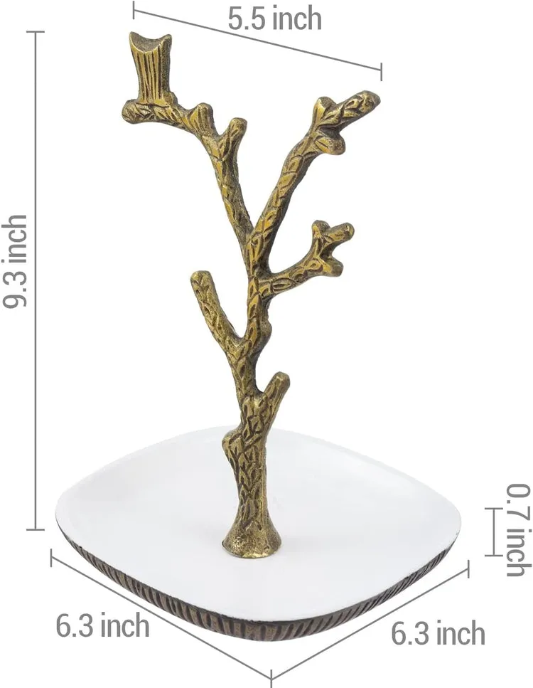 Tree Jewelry Stand, Brass Tone Cast Aluminum Tree Branch and Owl Design Necklace Bracelet Earring Rack with Ring Dish