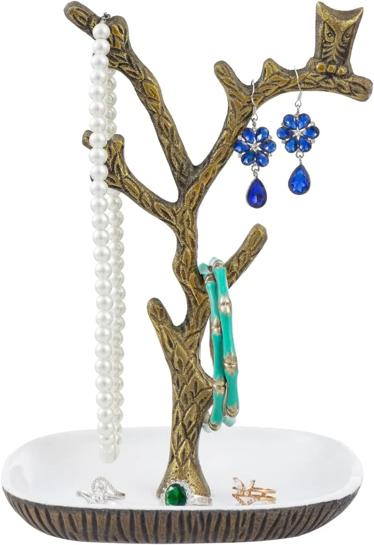 Tree Jewelry Stand, Brass Tone Cast Aluminum Tree Branch and Owl Design Necklace Bracelet Earring Rack with Ring Dish