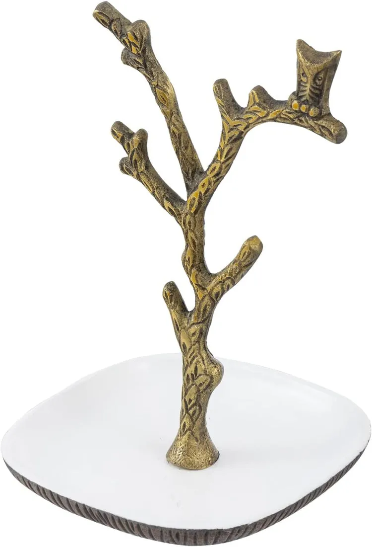 Tree Jewelry Stand, Brass Tone Cast Aluminum Tree Branch and Owl Design Necklace Bracelet Earring Rack with Ring Dish