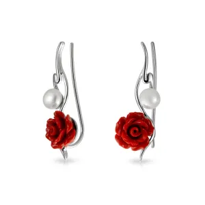 Trendy 3D Rose Flower Ear Cuff Cartilage with Pearl Sterling Silver Earrings