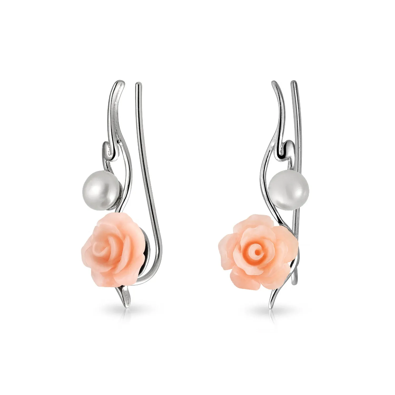 Trendy 3D Rose Flower Ear Cuff Cartilage with Pearl Sterling Silver Earrings