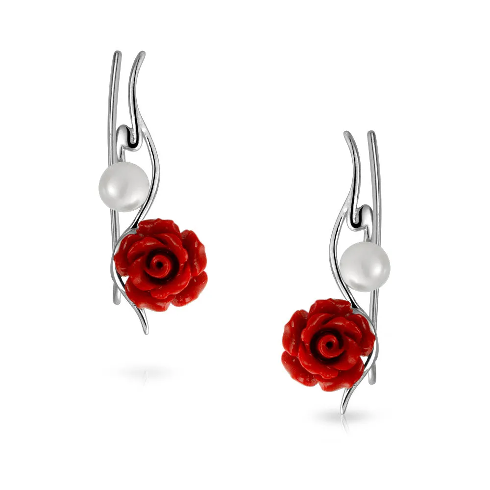 Trendy 3D Rose Flower Ear Cuff Cartilage with Pearl Sterling Silver Earrings