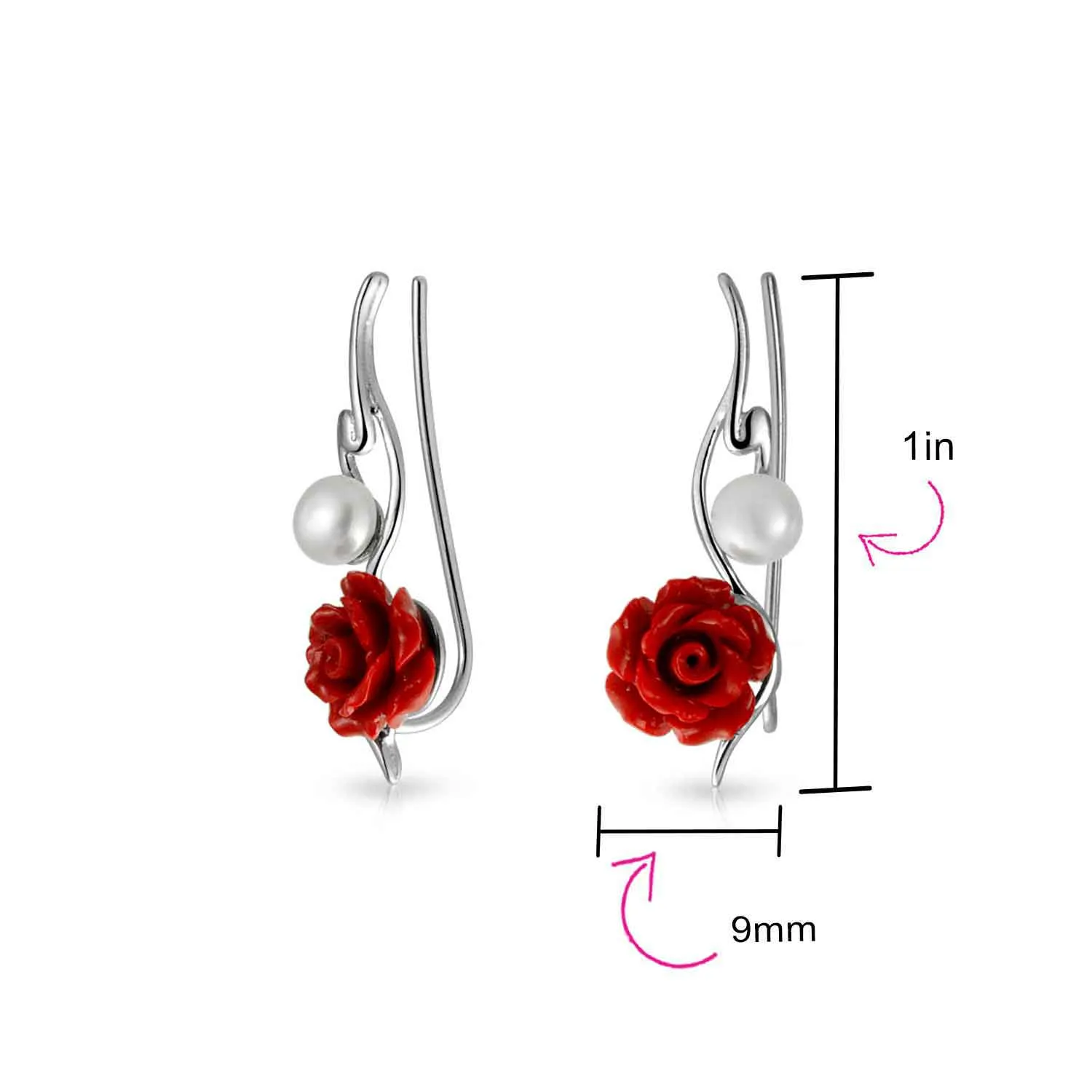 Trendy 3D Rose Flower Ear Cuff Cartilage with Pearl Sterling Silver Earrings