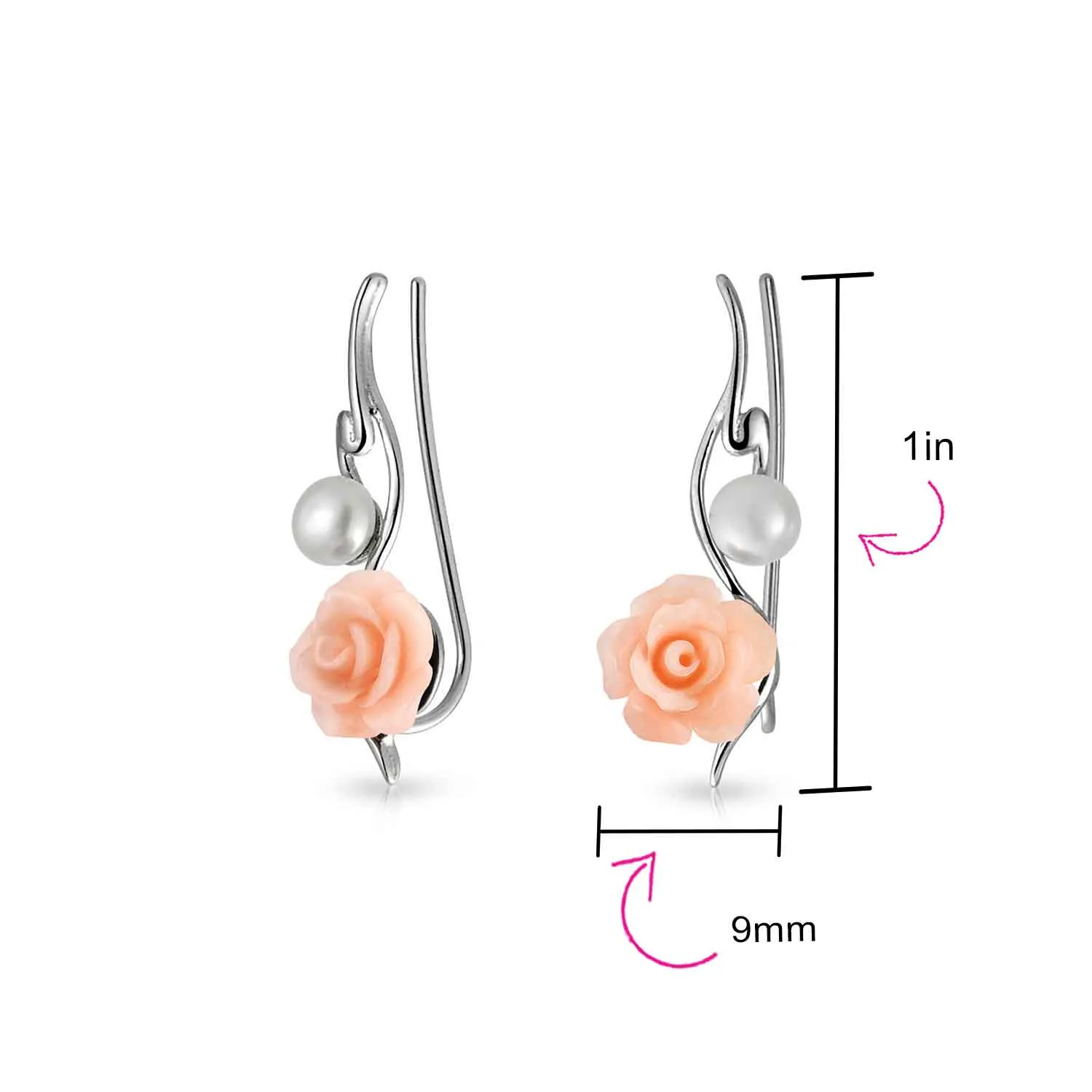 Trendy 3D Rose Flower Ear Cuff Cartilage with Pearl Sterling Silver Earrings