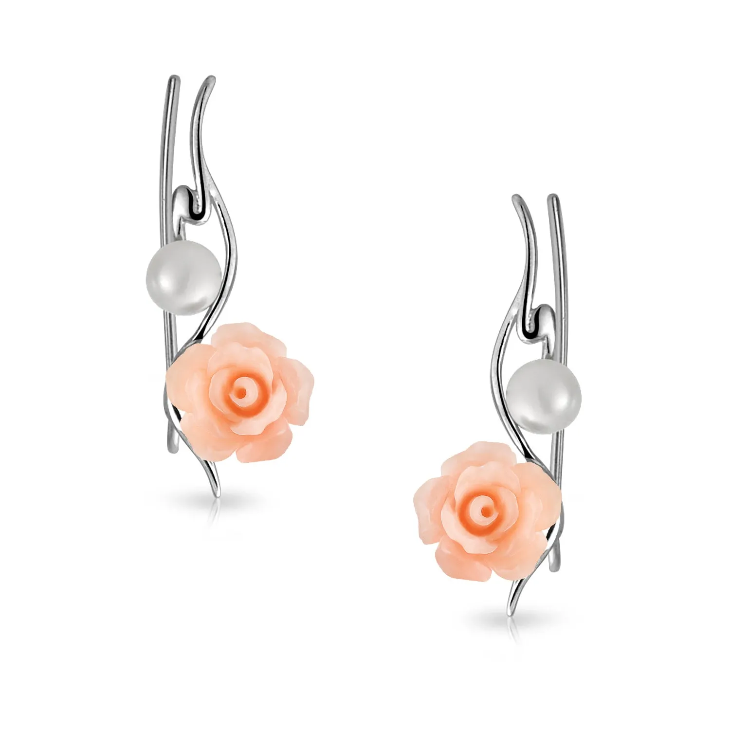 Trendy 3D Rose Flower Ear Cuff Cartilage with Pearl Sterling Silver Earrings