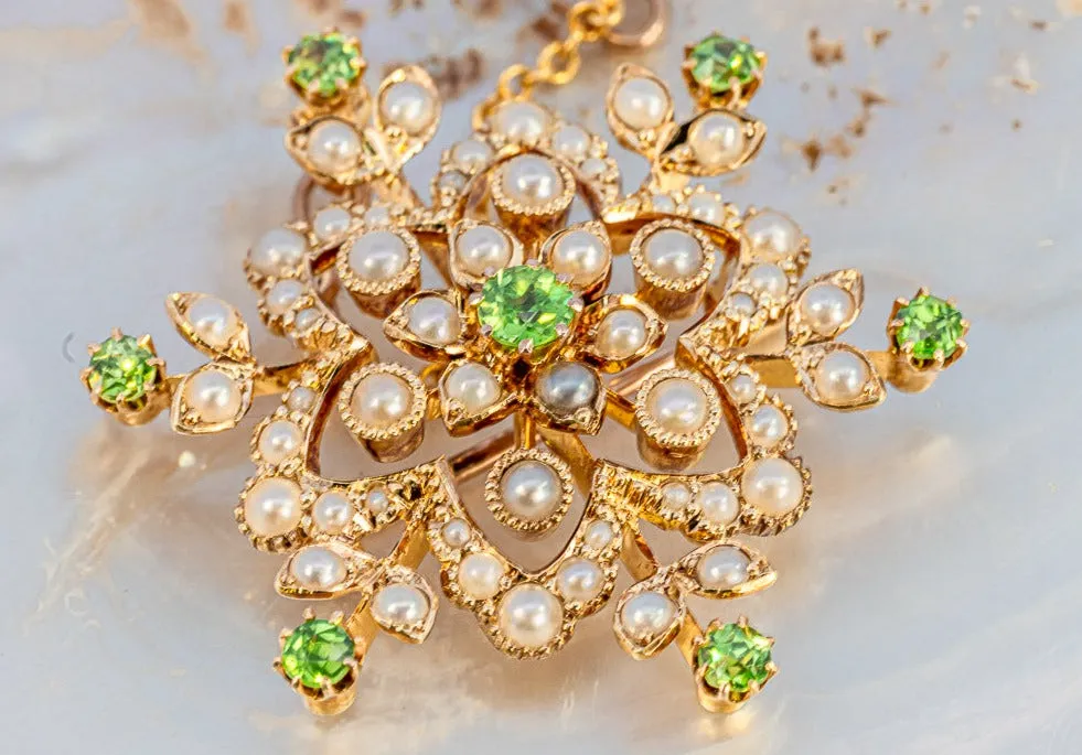 Valentine's Day Gem: 15ct Yellow Gold Brooch with Demantoid Garnet & Pearls