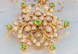 Valentine's Day Gem: 15ct Yellow Gold Brooch with Demantoid Garnet & Pearls