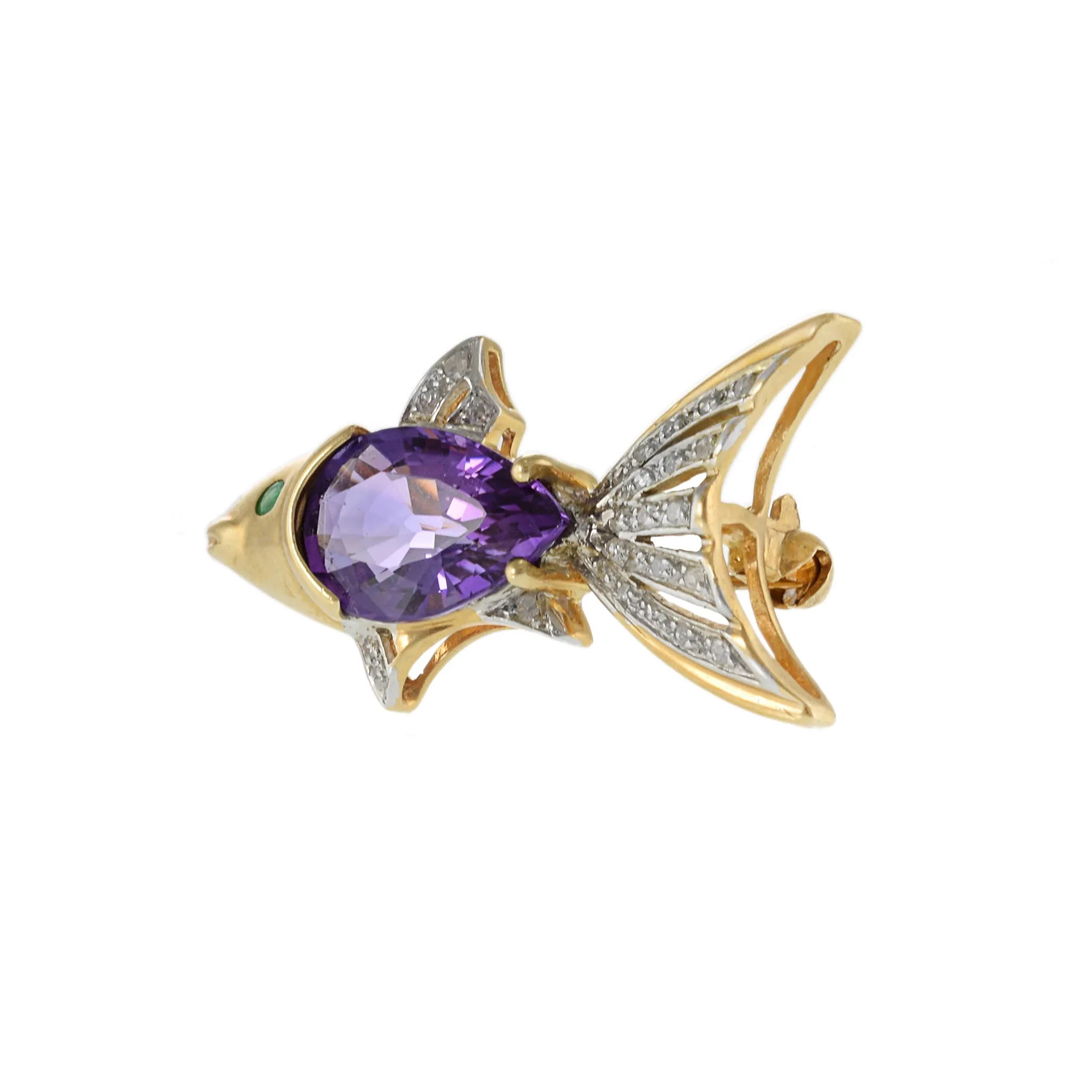 Vintage 14KT Yellow Gold Amethyst and Diamond Fish Pin