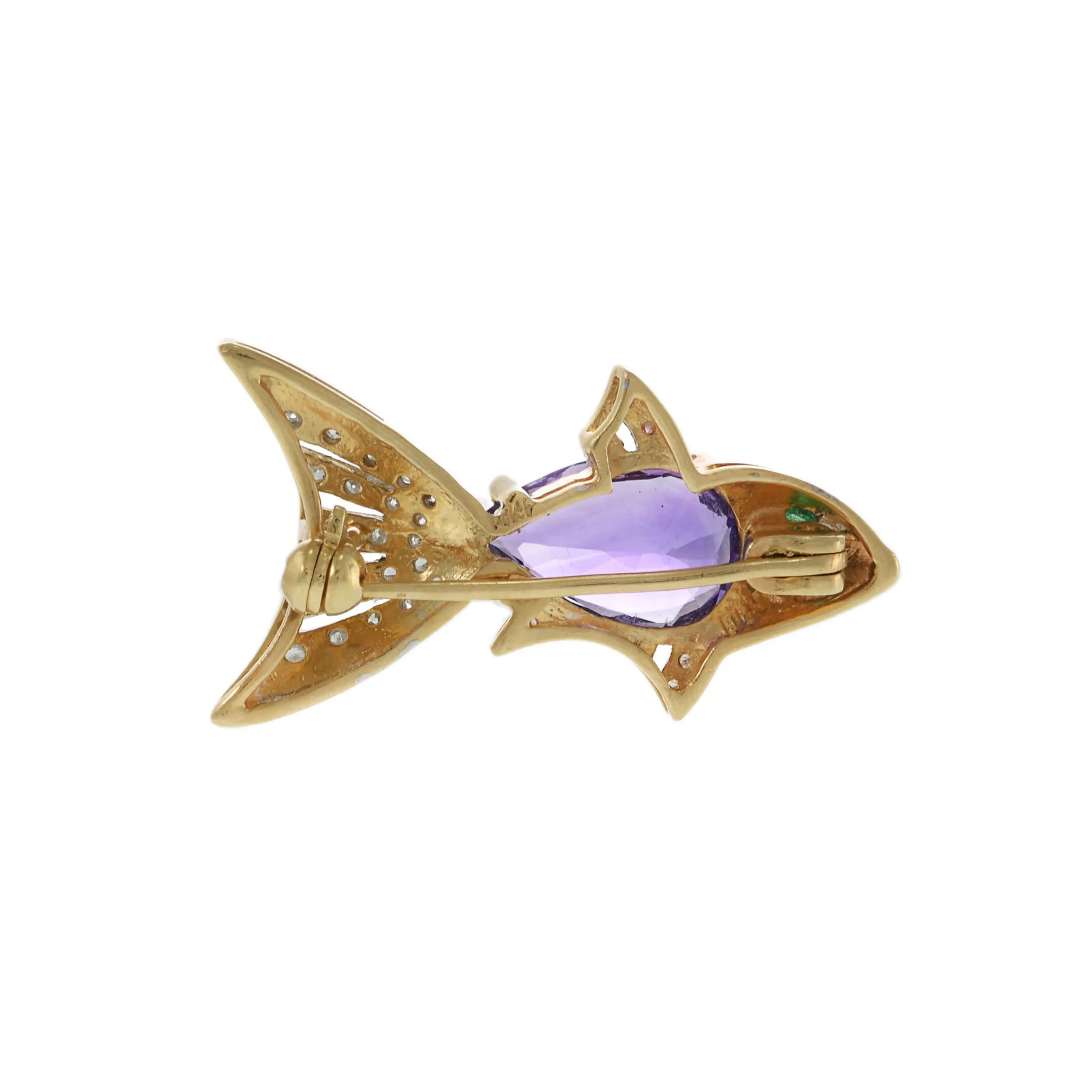 Vintage 14KT Yellow Gold Amethyst and Diamond Fish Pin