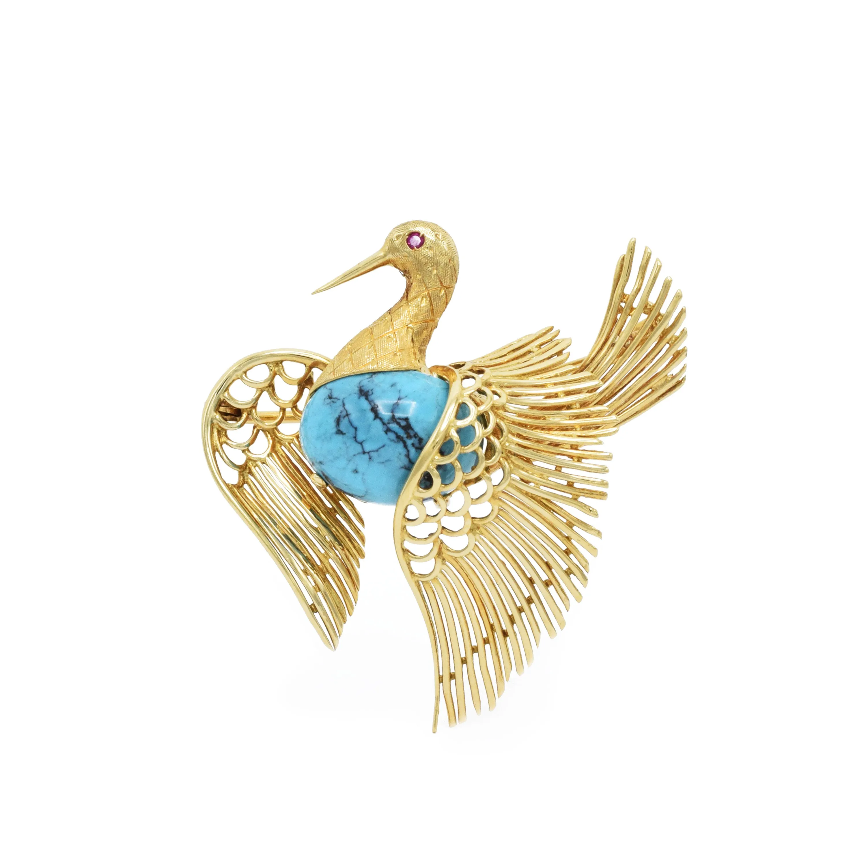 Vintage 18KT Yellow Gold 'Cartier' Natural Turquoise Swan Pin