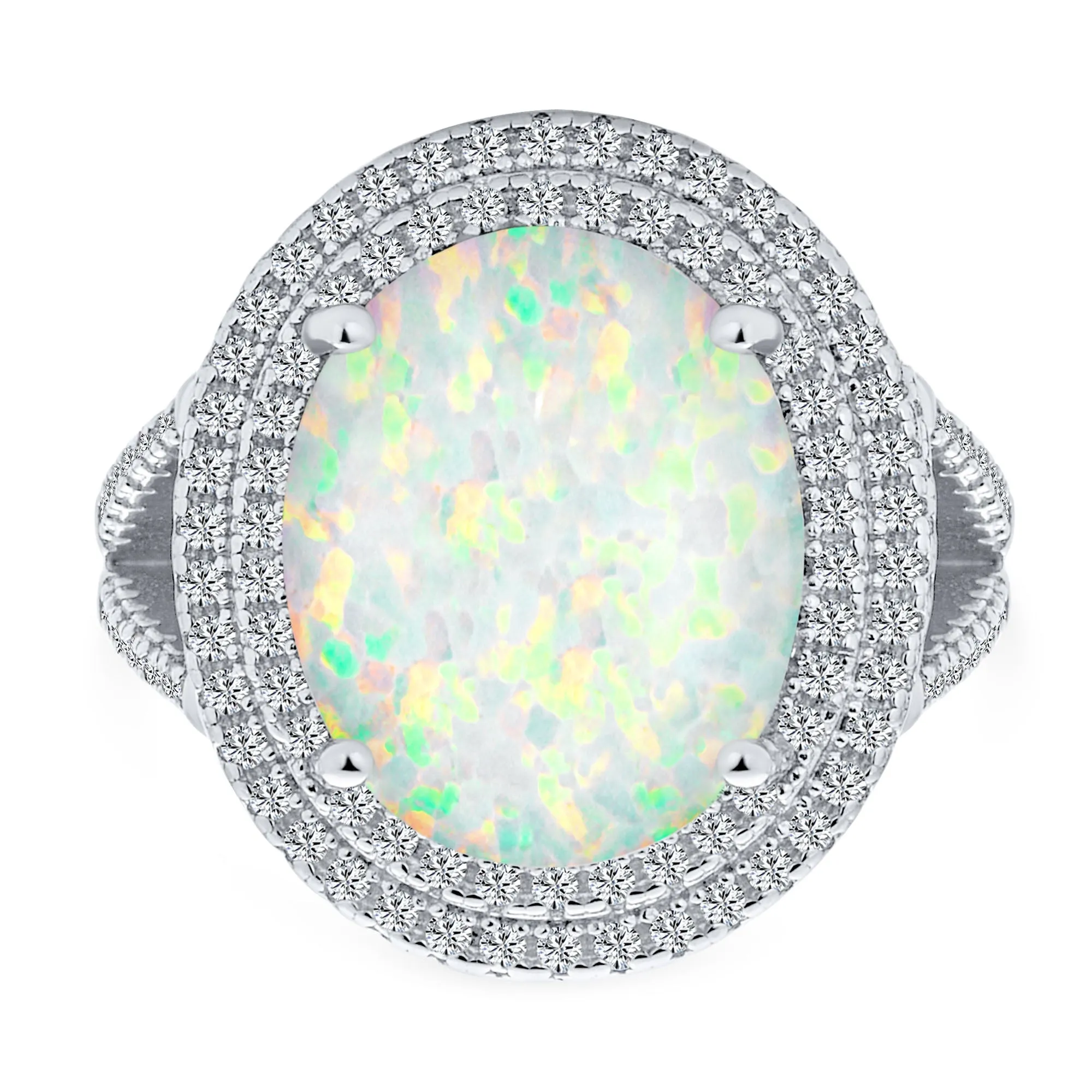 Vintage Style Gemstone Opal Cocktail Statement Ring with CZ Halo Sterling Silver