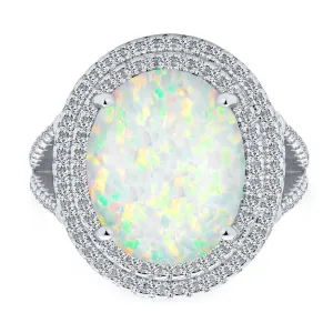 Vintage Style Gemstone Opal Cocktail Statement Ring with CZ Halo Sterling Silver