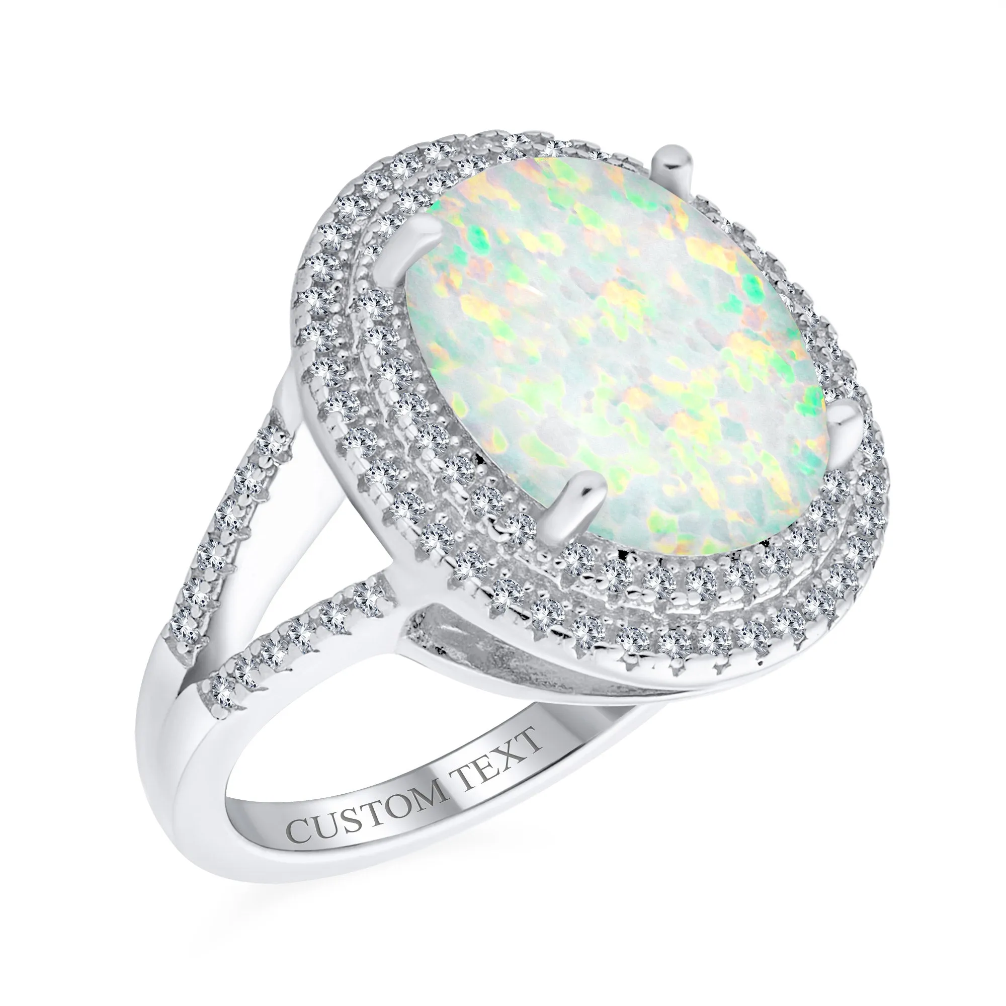 Vintage Style Gemstone Opal Cocktail Statement Ring with CZ Halo Sterling Silver