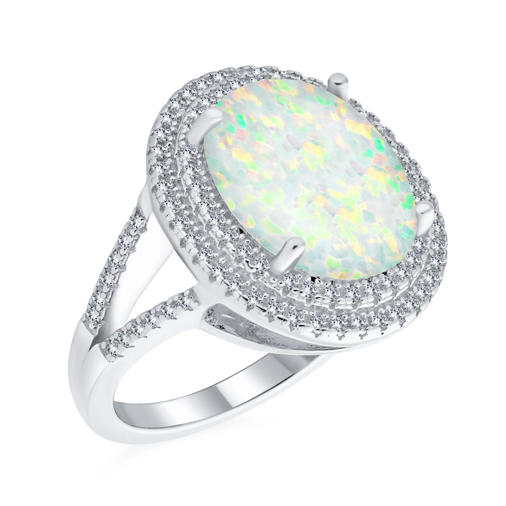 Vintage Style Gemstone Opal Cocktail Statement Ring with CZ Halo Sterling Silver