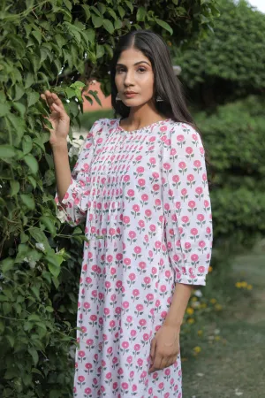 White Cotton Kurti style Maxi Dress with Pink Roses