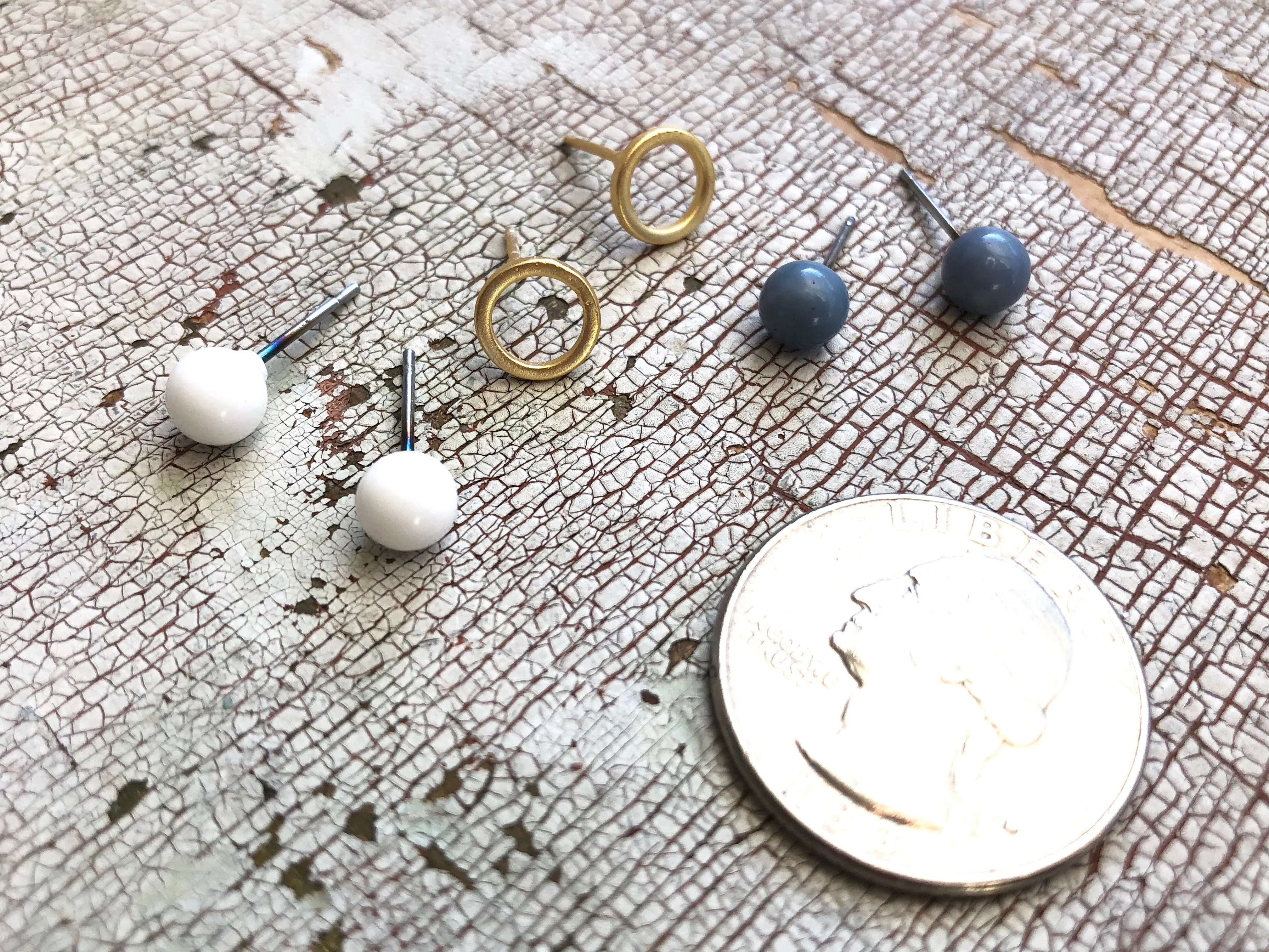 White Frosted Gold Circles & Slate Blue Tiny Geo Stud Earrings Set