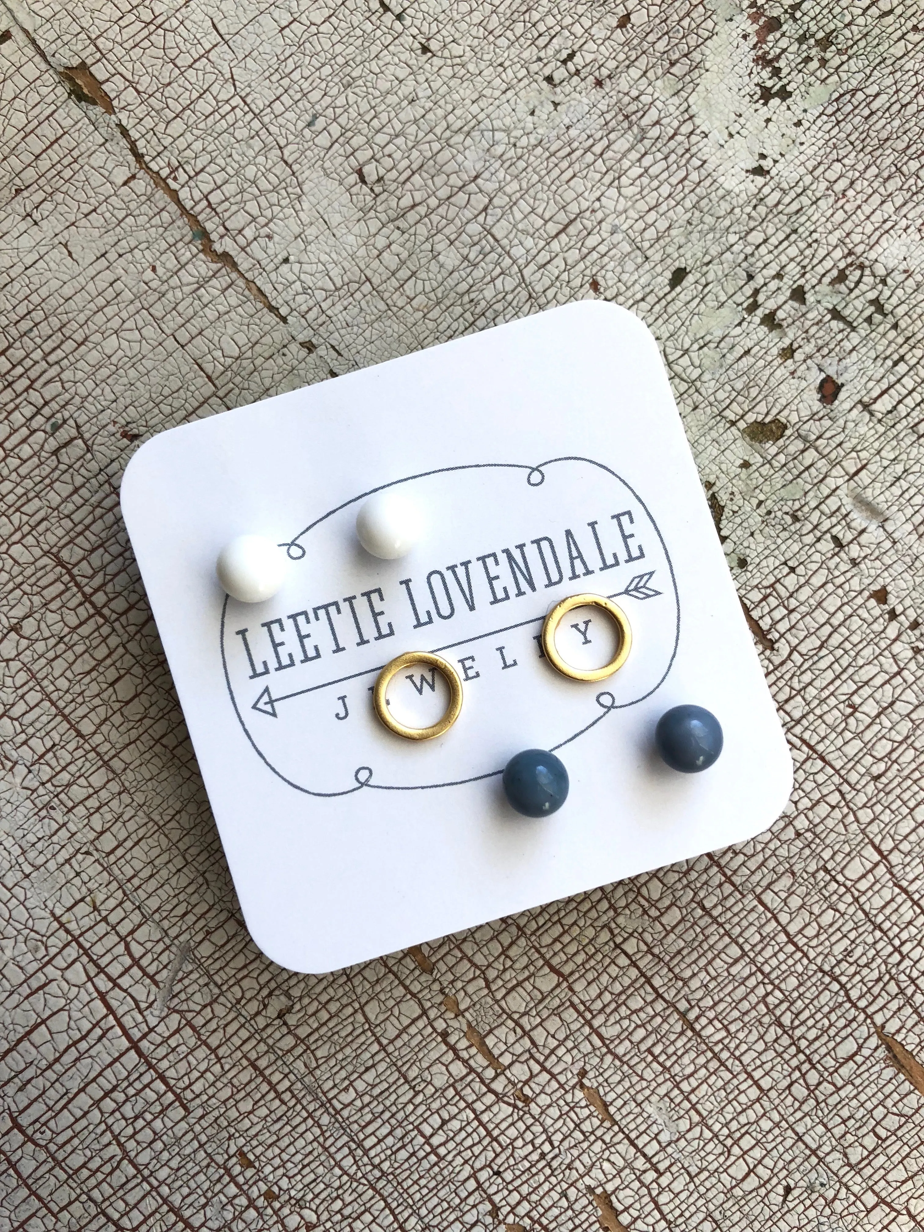 White Frosted Gold Circles & Slate Blue Tiny Geo Stud Earrings Set