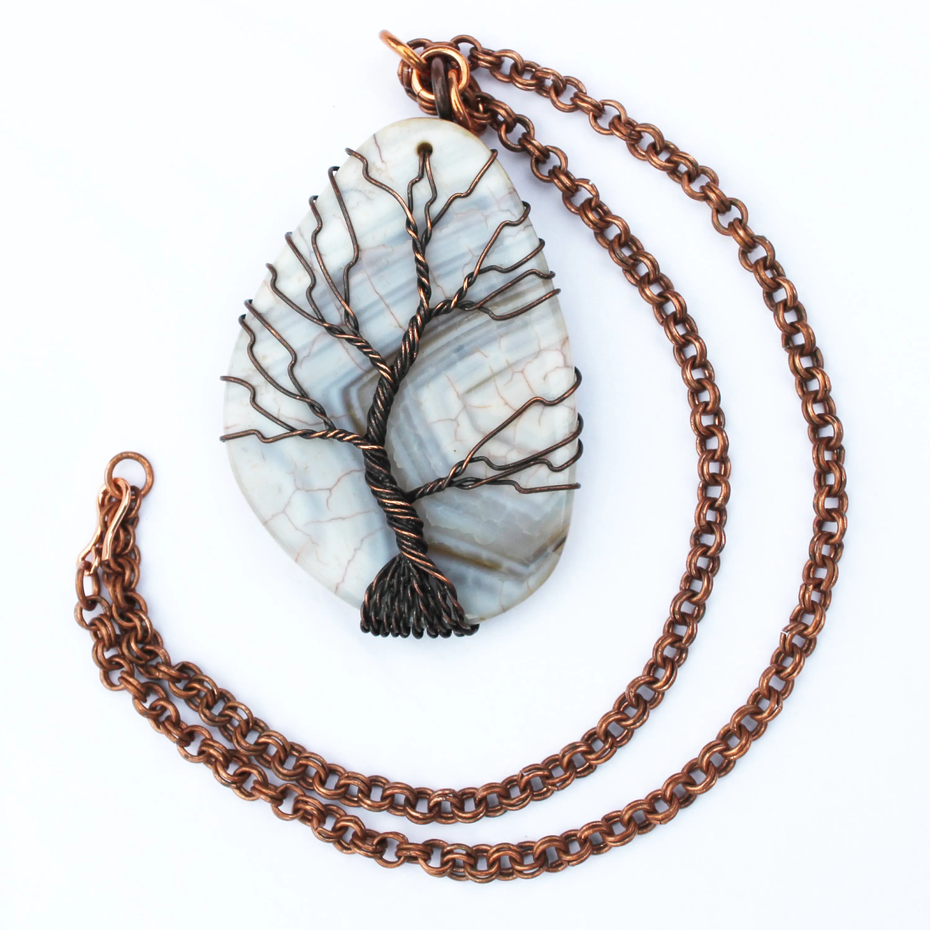 Winter Tree Agate Cabochon Necklace Copper Wire Tree Pendant 16-Inch Solid Copper Double Cable Chain